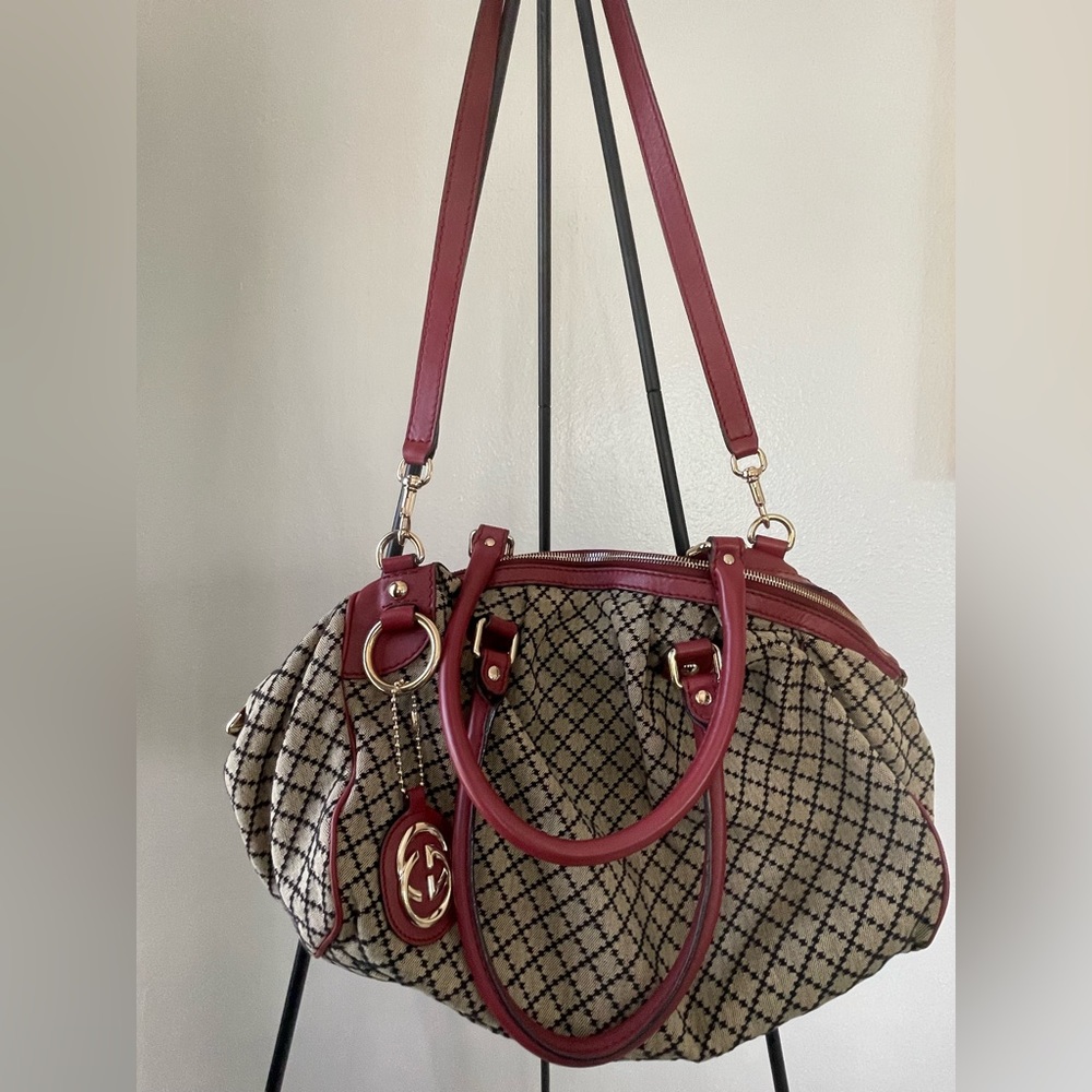 Authentic-Gucci Sukey Tote Canvas Handbag, Dual Shoulder Straps, Leather trim